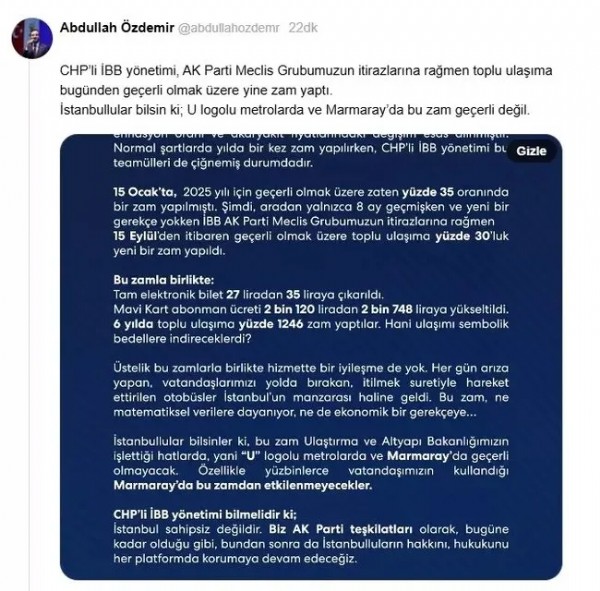 Yolculara müjde! Toplu ulaşım zammı 'U' logolu metrolar ve Marmaray'da olmayacak